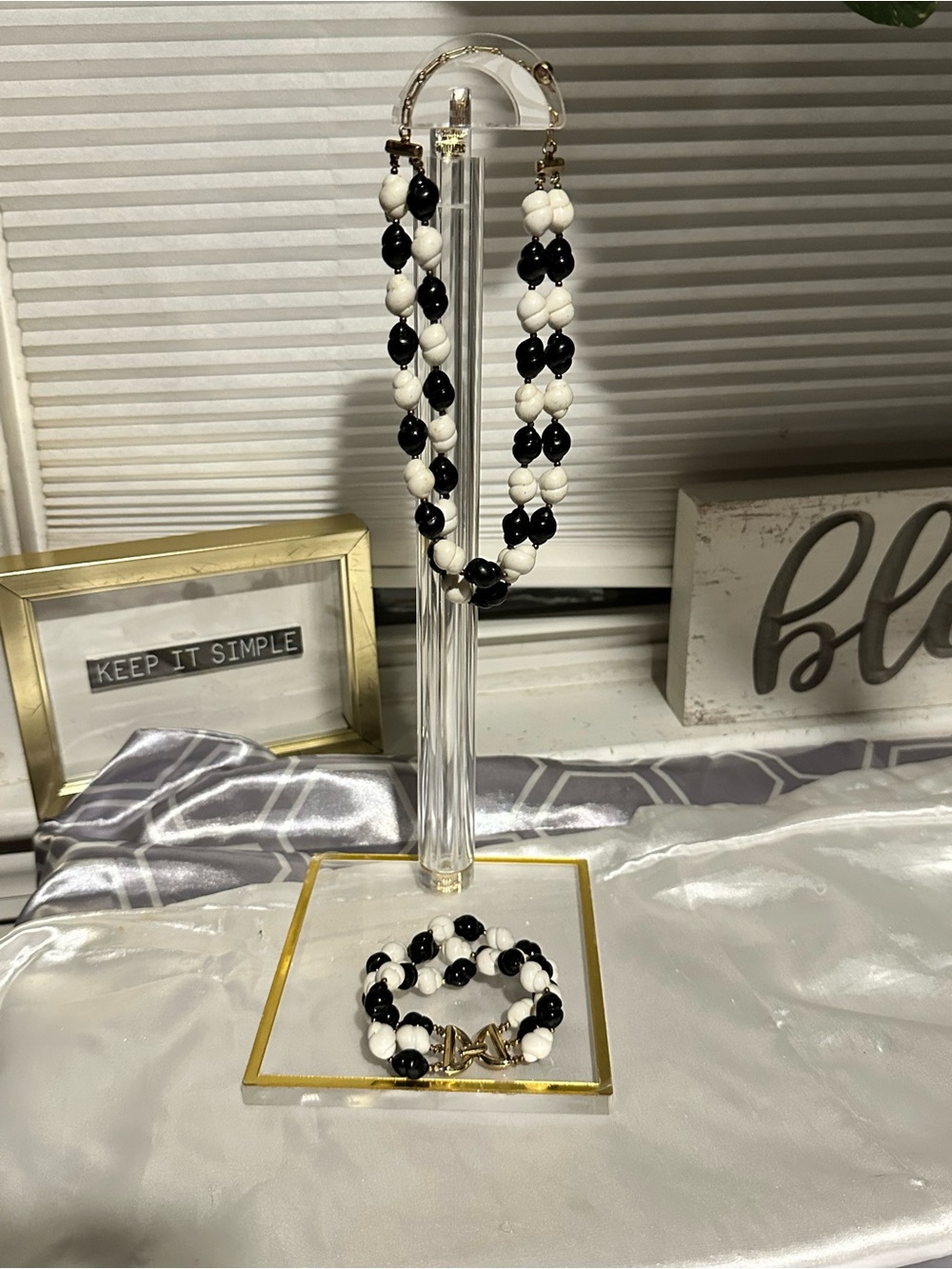 Vintage Crown Trifari Black & White Triple-Strand Beaded Bracelet & Necklace Set
